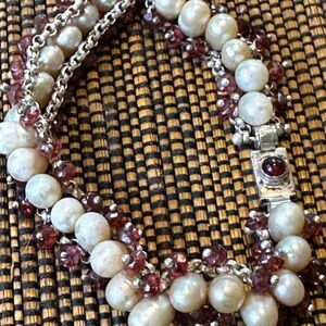 Pearl and Garnet Multi-Strand Bracelet - White and Red Elegance